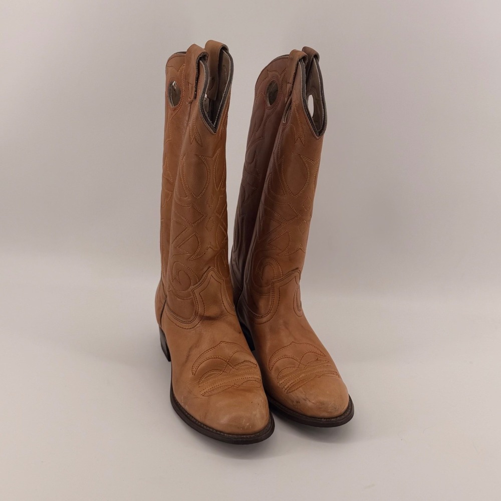 Texas Brand Western Boots Women 8M Tan Leather Cowboy L495 Stitched Tall USA
